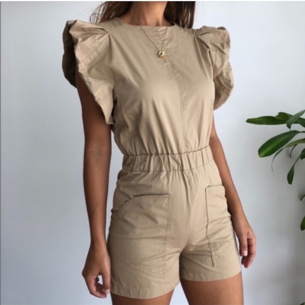 Maje Tan Cotton Playsuit Romper Shorts Crew Neck EUR 34
